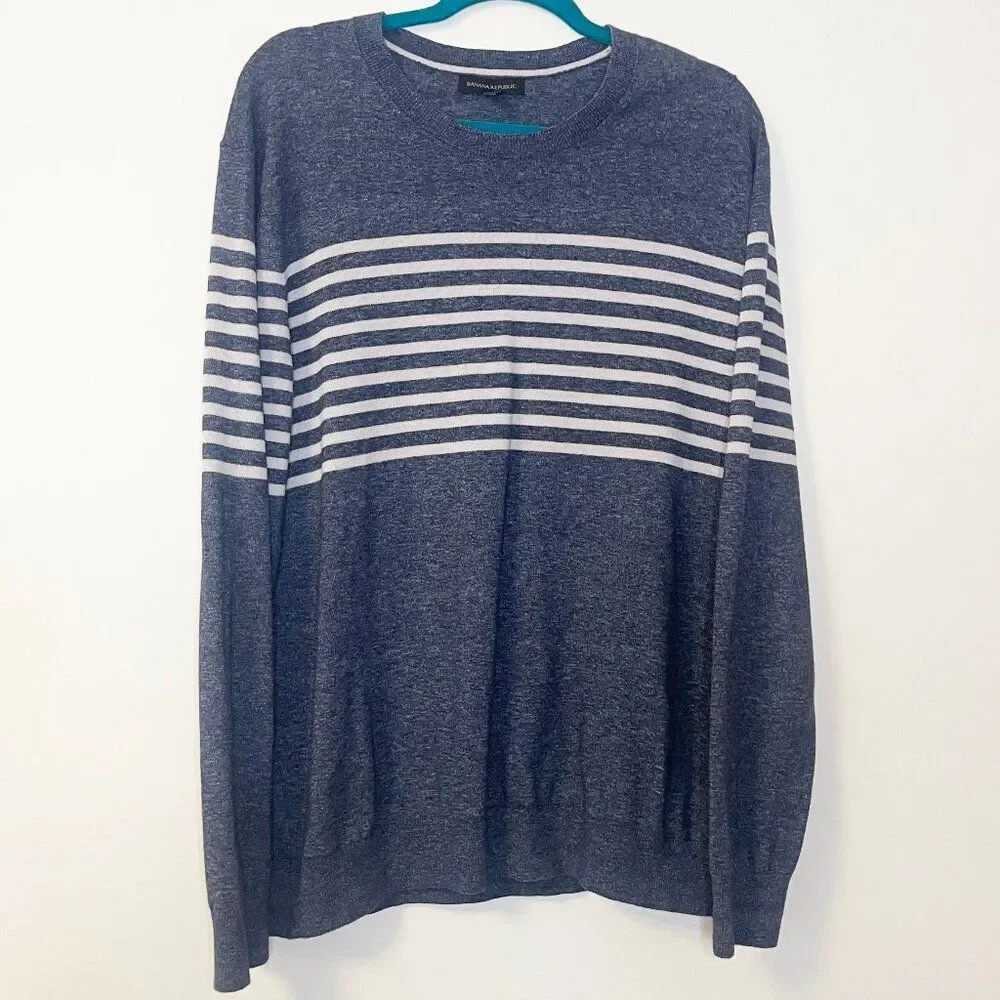 Banana Republic Sweater Mens Blue Striped Knitted Crew Neck Pullover Cotton XL